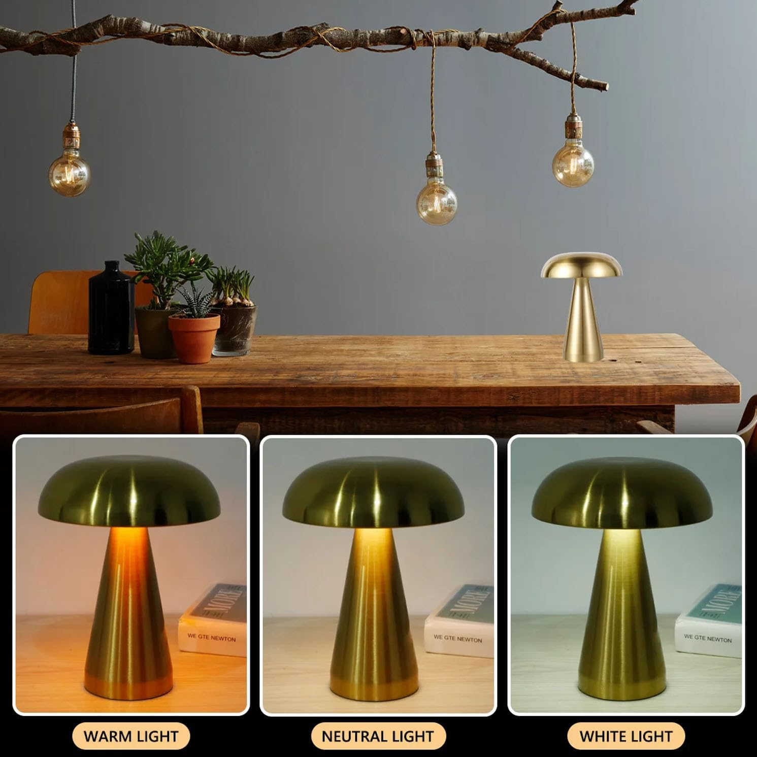 Mushroom Table Lamp Portable Cordless LED Desk Light USB Rechargeable 3 Color Dimming Decorative Metal Bedside for Bedroom Living Room Study Office Energy Saving - Silver image number 5