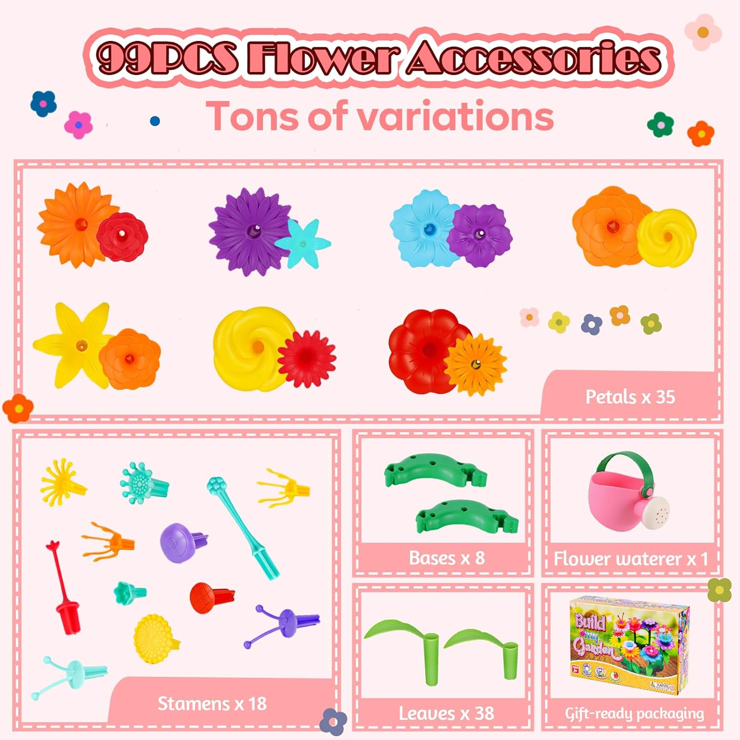 99Pcs Flower Garden Building Toys Set -Spring Toys for 3 4 5 6 7 8 9 Years Old Girls, STEM Montessori Educational Toys for Toddlers Kids,Sorting & Stacking Building Block for Birthday Gifts image number 6