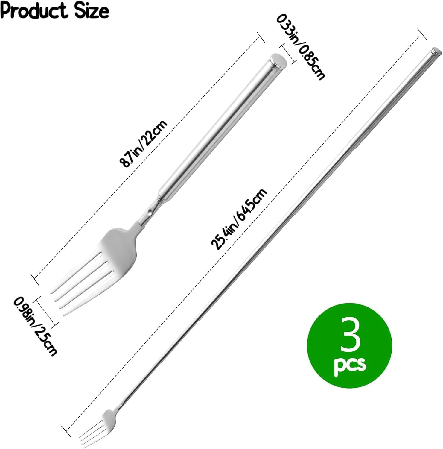 3 PCS Extendable Fork for Jokes, Expandable Forks, Extended/Extending/Extend, Extension from 8.7" to 25.4" Long, Stainless Steel Telescopic/Telescoping/Retractable Dinner Fork. Silver image number 4