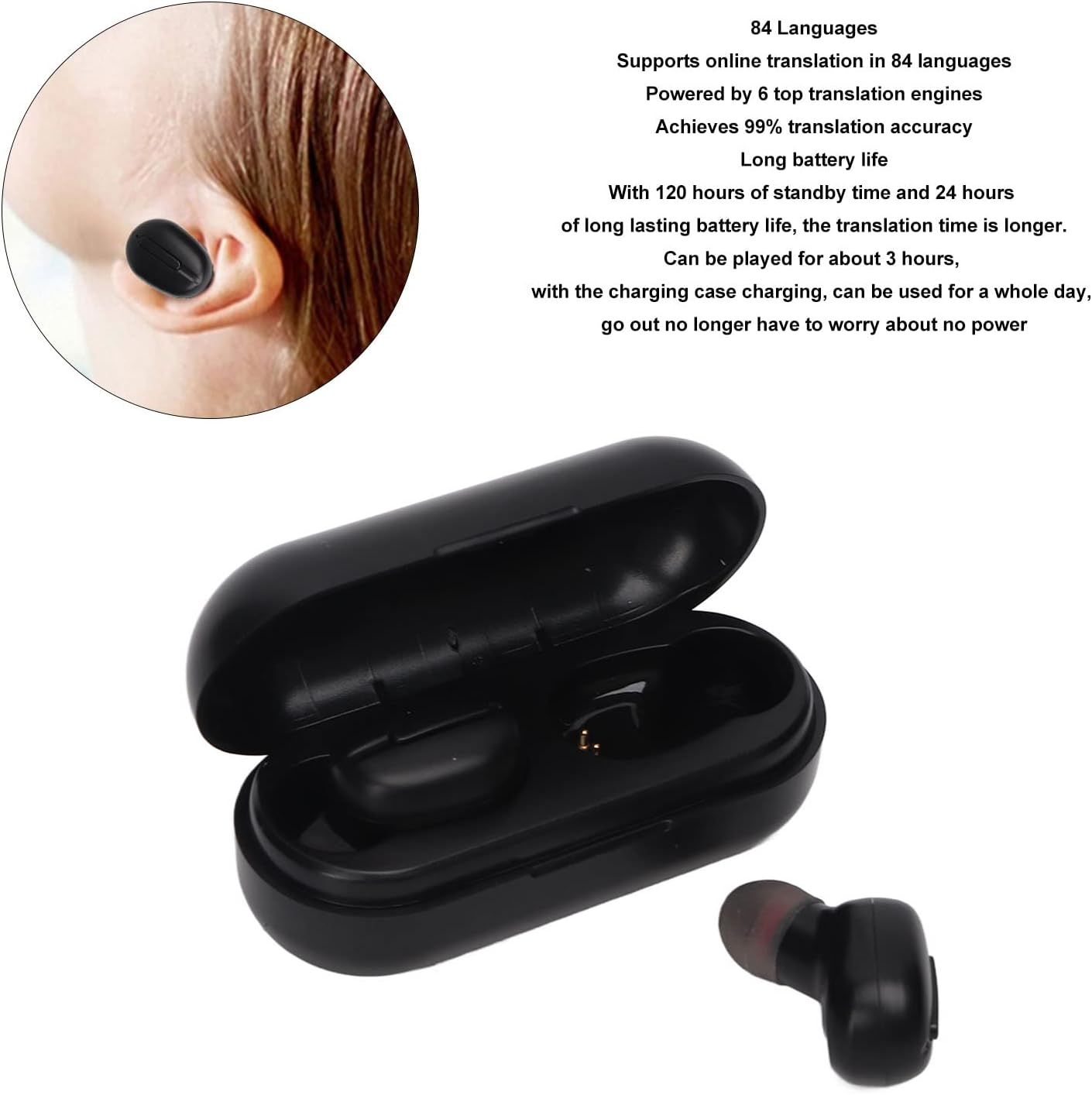 Bluetooth Translator Earbuds, Supports 84 Languages, L13 Two-Way Translator Device with Bluetooth and App, Wireless Voice Translator Device with Noise Cancelling for Ios, (Black) image number 4