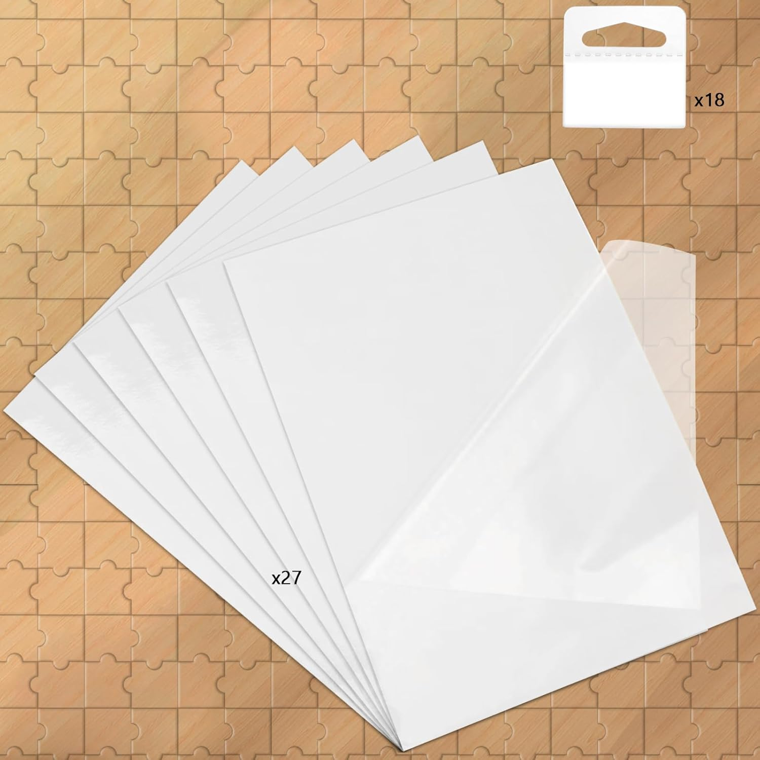 27 Puzzle Saver Sheets & 18 Hooks Peel & Stick Adhesive for Large Puzzles Saver Sheet Jigsaw Puzzle Sticker Sheets Jigsaw Keeper Puzzle Glue Sheet, 21X29Cm