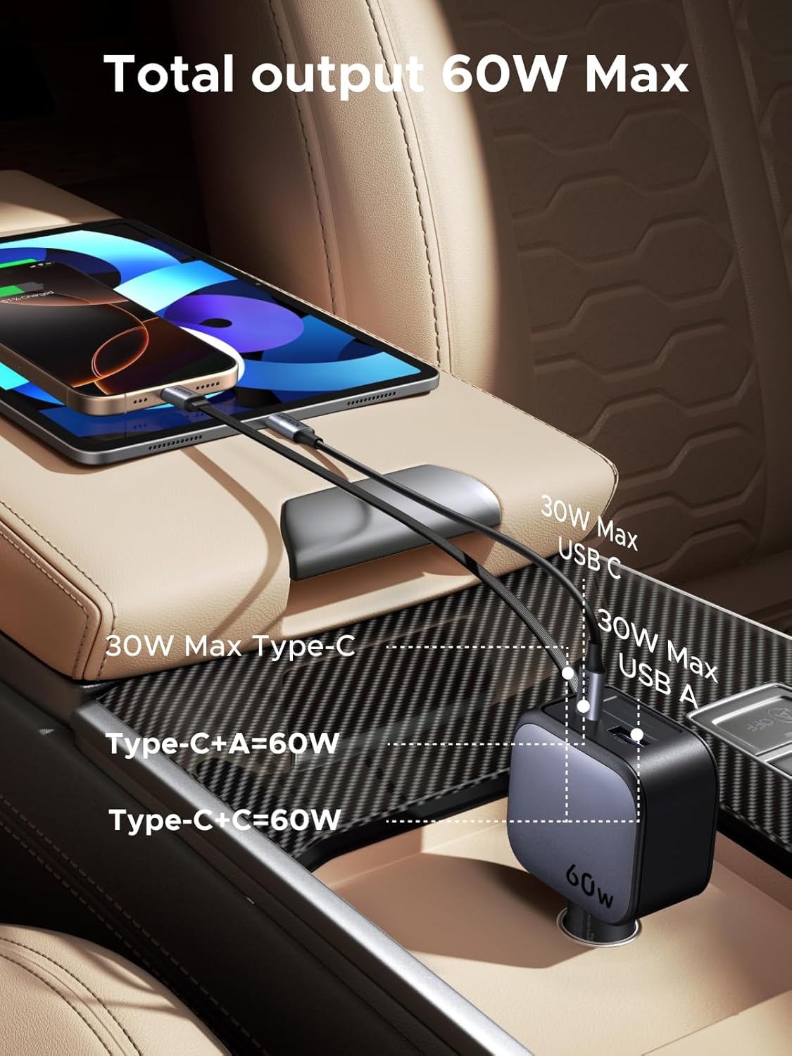 UGREEN 60W 2C1A Car Charger with Retractable Cable, 3-Port Fast Charger with 30W PD USB-C, USB-A, Cigarette Lighter Adapter for Iphone 17/16/15, Galaxy S25/S24, Ipad, GPS, 12V Car Accessories image number 4