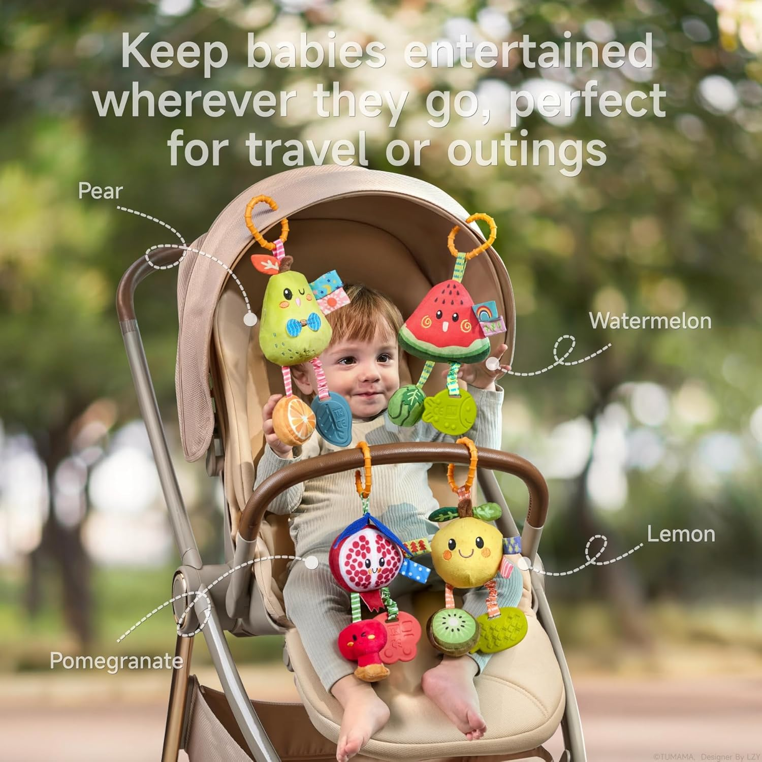 TUMAMA Baby Hanging Rattle Toys 4 Pack Fruit Soft Sensory Set for Car Seat Stroller Mobile 0 3 6 9 12+ Months image number 5