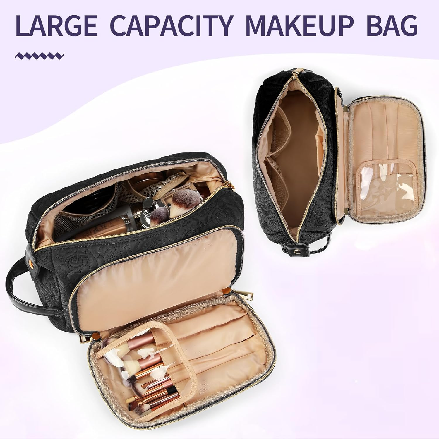 Lubardy Makeup Bag, Large Capacity Cosmetic Bags for Women Waterproof Travel Make up Bag Organizer Polyester Portable Storage Brush Pouch with Handle, Black image number 2