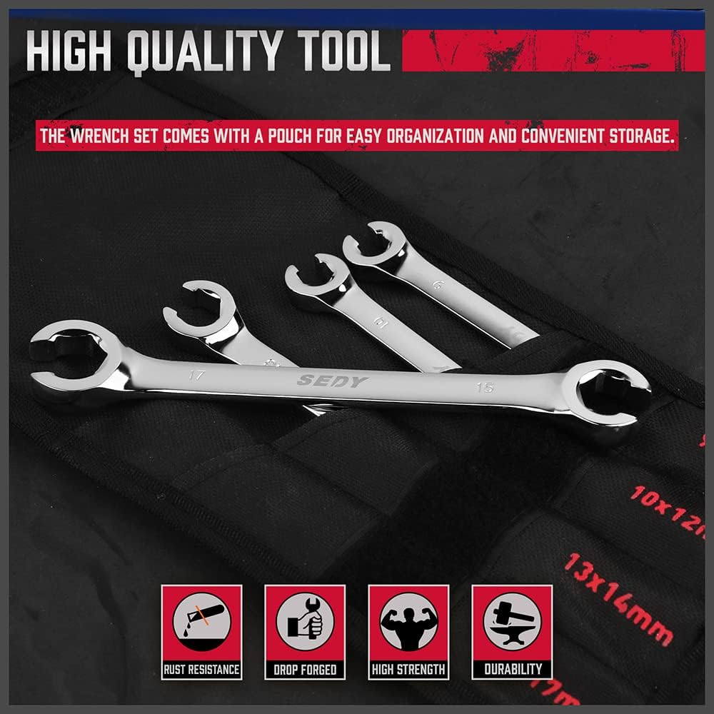 SEDY 4-Piece Flare Nut Spanner Set - Metric Wrench Spanner Chrome Vanadium Steel, 6-Point Design, Ergonomic Offset Heads, Portable Organizer Pouch Included (Metric) image number 2