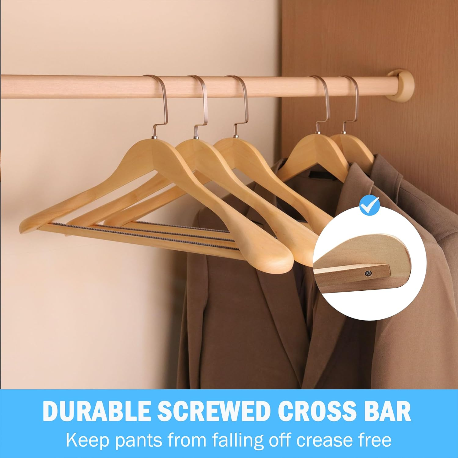 Wide Shoulder Wooden Suit Coat Hangers, 12 Pack Heavy Duty Wood Clothes Hangers with Non-Slip Bars, Smooth Finish and 360&deg; Swivel Hooks for Suit,Coat,Jacket,Pants (4) image number 1