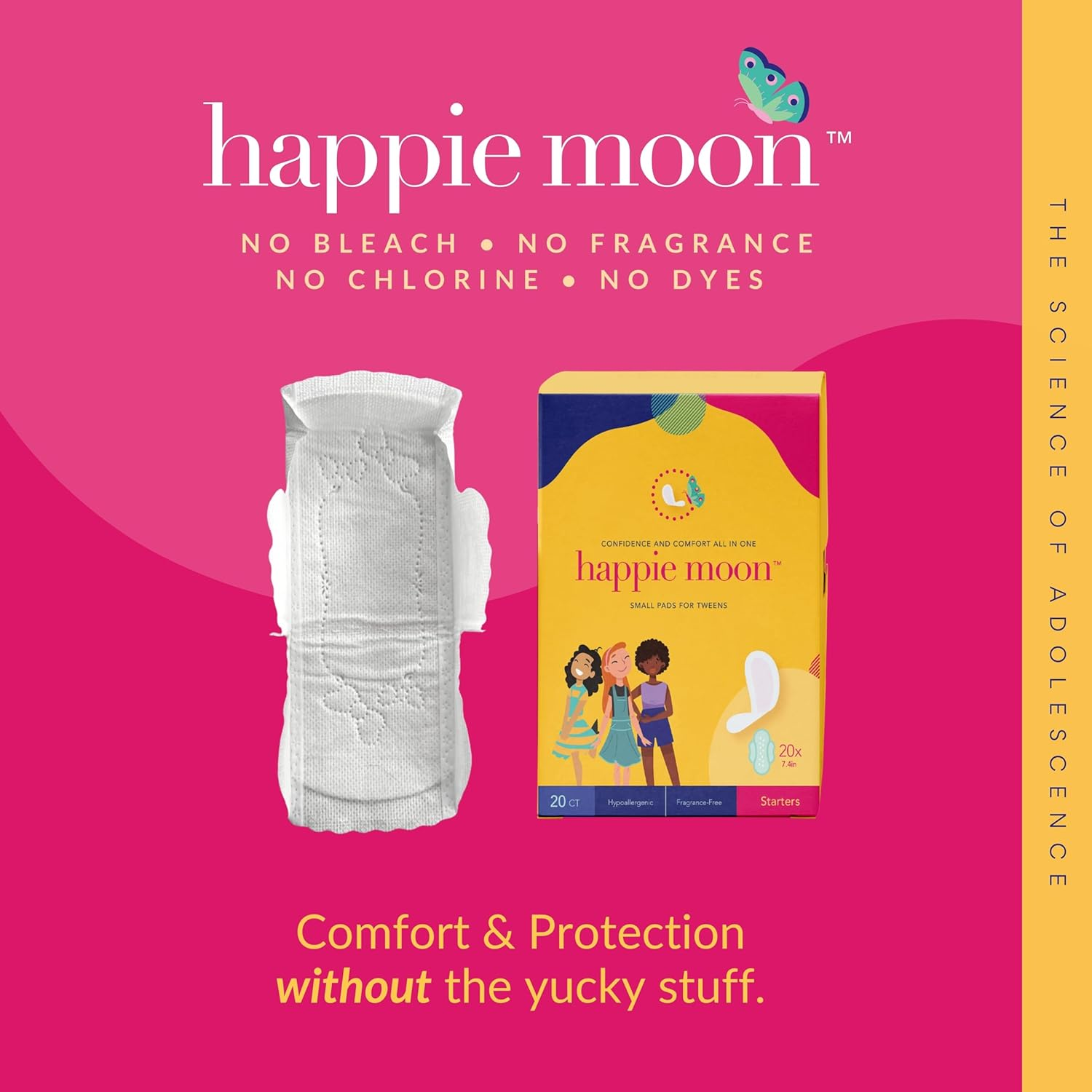 Happie Moon Tween Pads | Small 100% Cotton First Period Pads for Tweens and Teens | Ultra Thin Pads with Wings | Zero Chlorine, Bleach, Dyes and Fragrance | Teen Pads, 20 Count