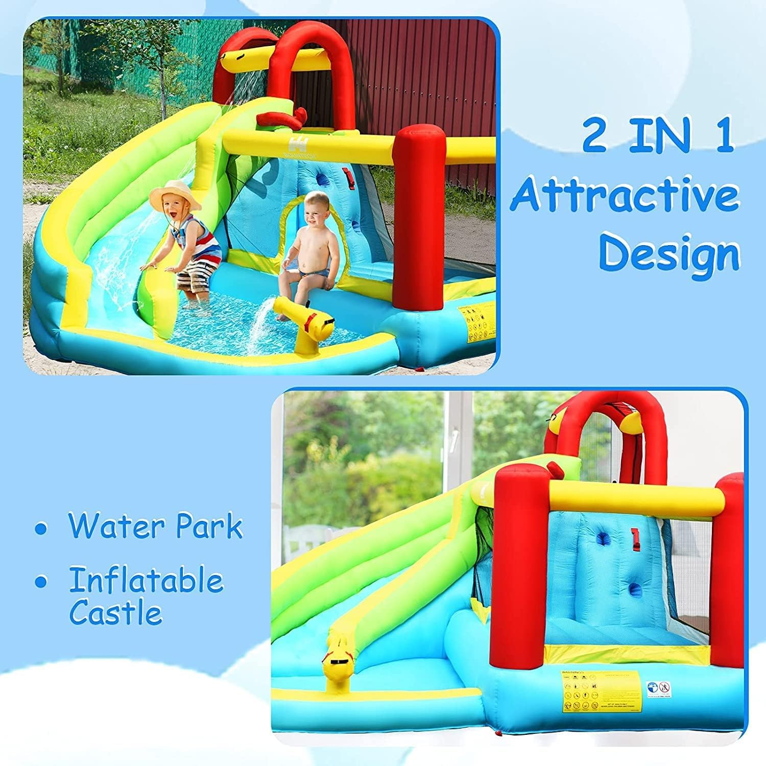 HONEY JOY 6 in 1 Inflatable Water Slide Water Park, Kids Jumping Castle Splash Pool W/Climbing Wall, Water Cannon, Basketball Hoop, Inflatable Bounce House Outdoor for Children (With 550W Blower) image number 4