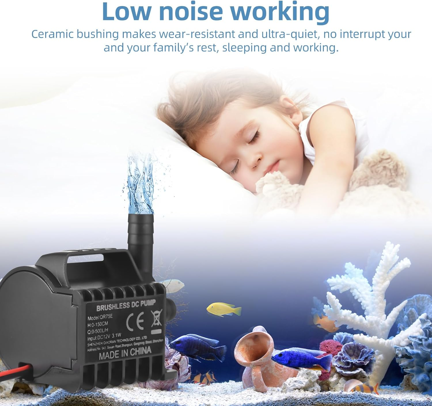 LAPOOH Submersible 12V Water Pump Electric 500L/H Small Fountain Pump with Max 4.9Ft Lift, 1.6Ft Wire and Suction Cup Base, Portable Mini Pump for Fish Tank, Pond, Aquarium, Pet Drinking