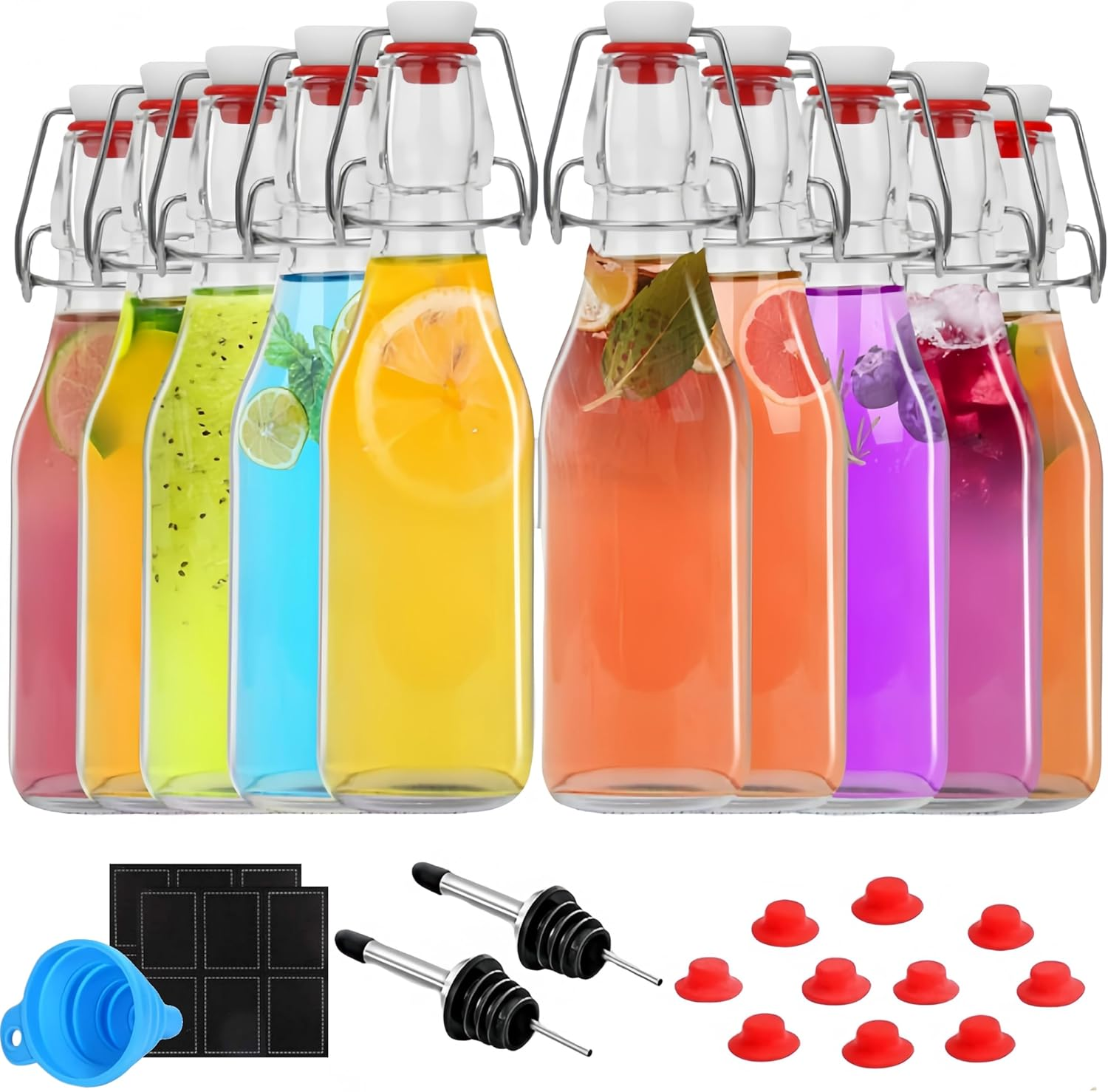 10Pack 250Ml Swing Top Glass Bottles, 8.5Oz Flip Top Beer Brewing Bottles with Stoppers for 2Nd Fermentation, Kombucha, Wine, Vanilla Extract, Juice, Tea, with Airtight Stopper Cap Lid, Pourers image number 1