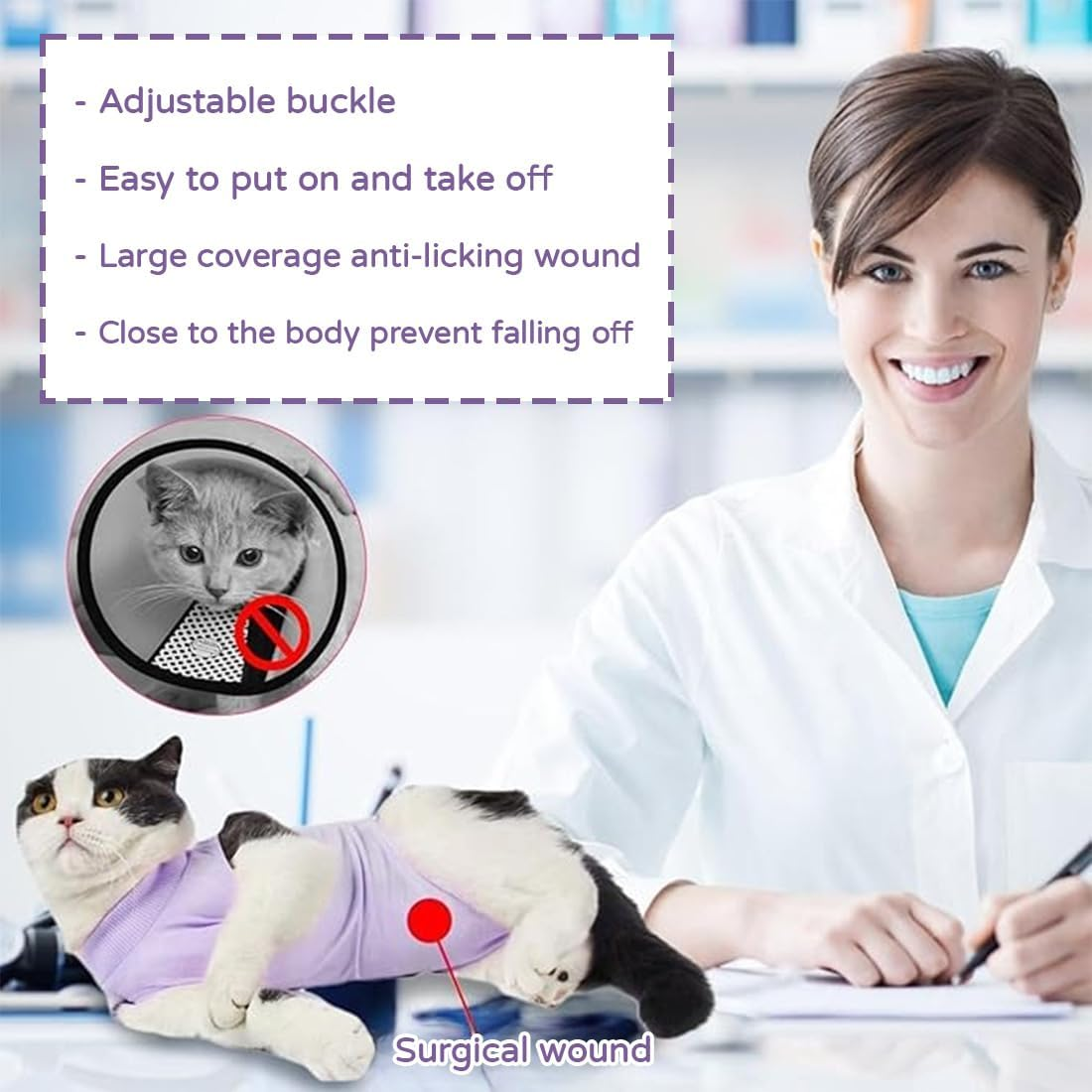 FMYODWU Post-Surgical Neutered/Neutered Cat Jersey, Cat Recovery Suit, Post-Surgical Cat Onesie, E-Collar Replacement for Dogs and Cats for Abdominal Wounds or Skin Disease (M, Purple) image number 5