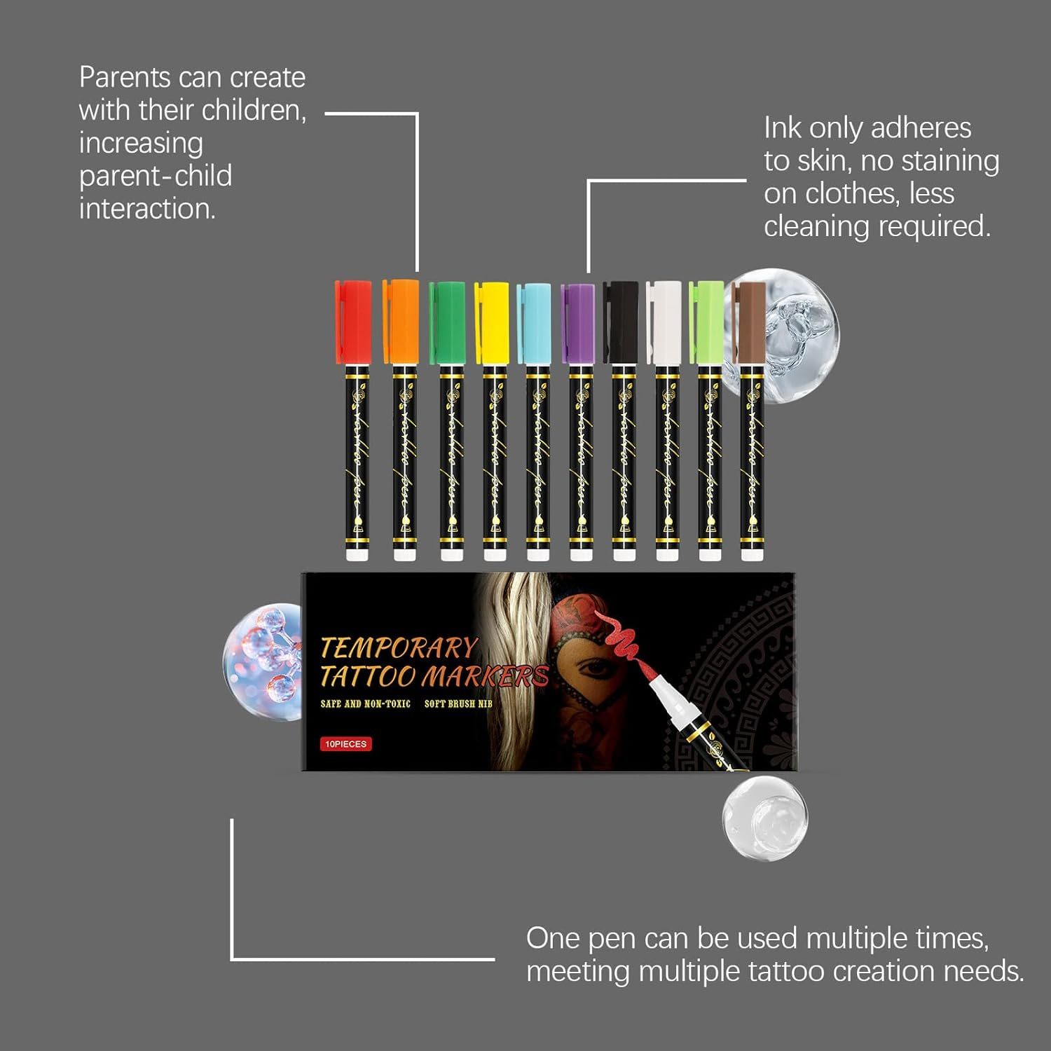 Temporary Tattoo Markers Set, 10-Color, Skin Body Art Pen Kit, Skin Safe, Face Paint Markers, Waterproof, Washable, Long-Lasting, for Halloween, Parties, Cosplay, Bright Colors