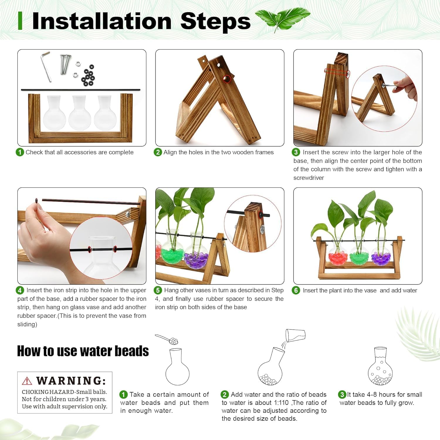 Plant Terrarium with Wooden Stand, 3 Bulb Vase Air Planter Bulb Glass Vase Metal Swivel Holder Retro Tabletop for Hydroponics Home Garden Office Decoration