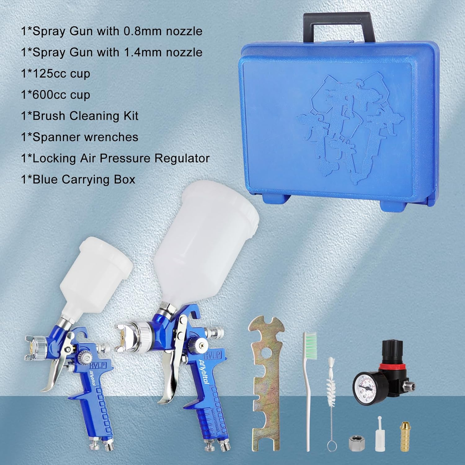 HVLP Air Gravity Spray Gun Set, Aflybltol 2 Pcs Sprayer Paint Gun Kit,1.4Mm 600Ml&0.8Mm 125Ml Automotive Paint Gun with Locking Air Pressure Regulator Gauge Paint Sprayer Gun for Car Painting(Blue) image number 3