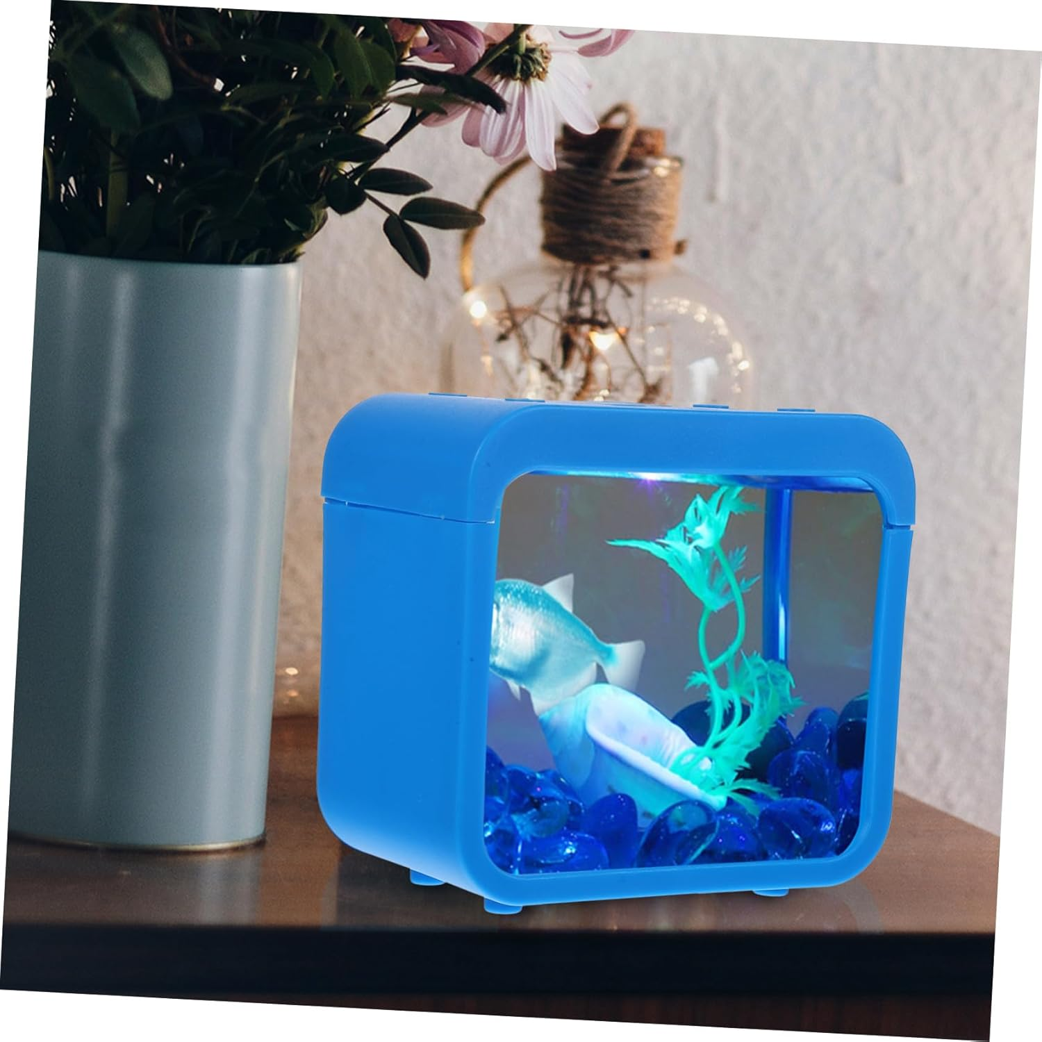 Milisten Mini Plastic Fish Battle Box with Light, Detachable Small Aquarium Breeding Isolation Tank, Blue Desktop Ecological Landscape Fish Tank for Aquatic Pets image number 3