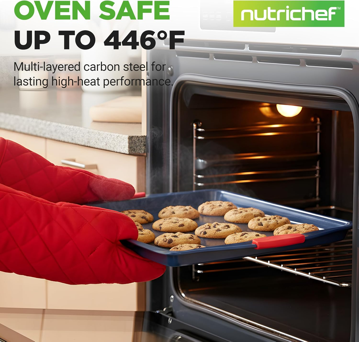Nutrichef 3-Piece Nonstick Bakeware Set - PFOA, PFOS, Ptfe-Free Carbon Steel Baking Trays W/Heatsafe Red Silicone Handles, Oven Safe up to 450&deg;F, Small, Medium & Large Cookie Sheet Pans image number 3