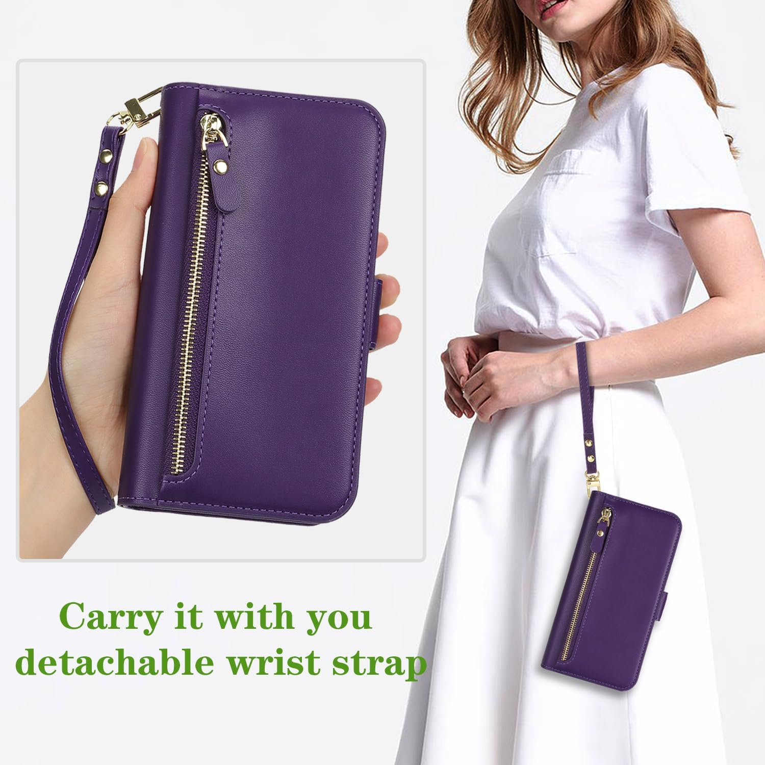 Sunyoo for Iphone 15 Case Leather Wallet with Card Holders Money Slots Wrist Strap for Women Men RFID Blocking Purse for Iphone15 Zipper Coin Pocket Cover Kickstand Folio Flip Case Purple image number 2