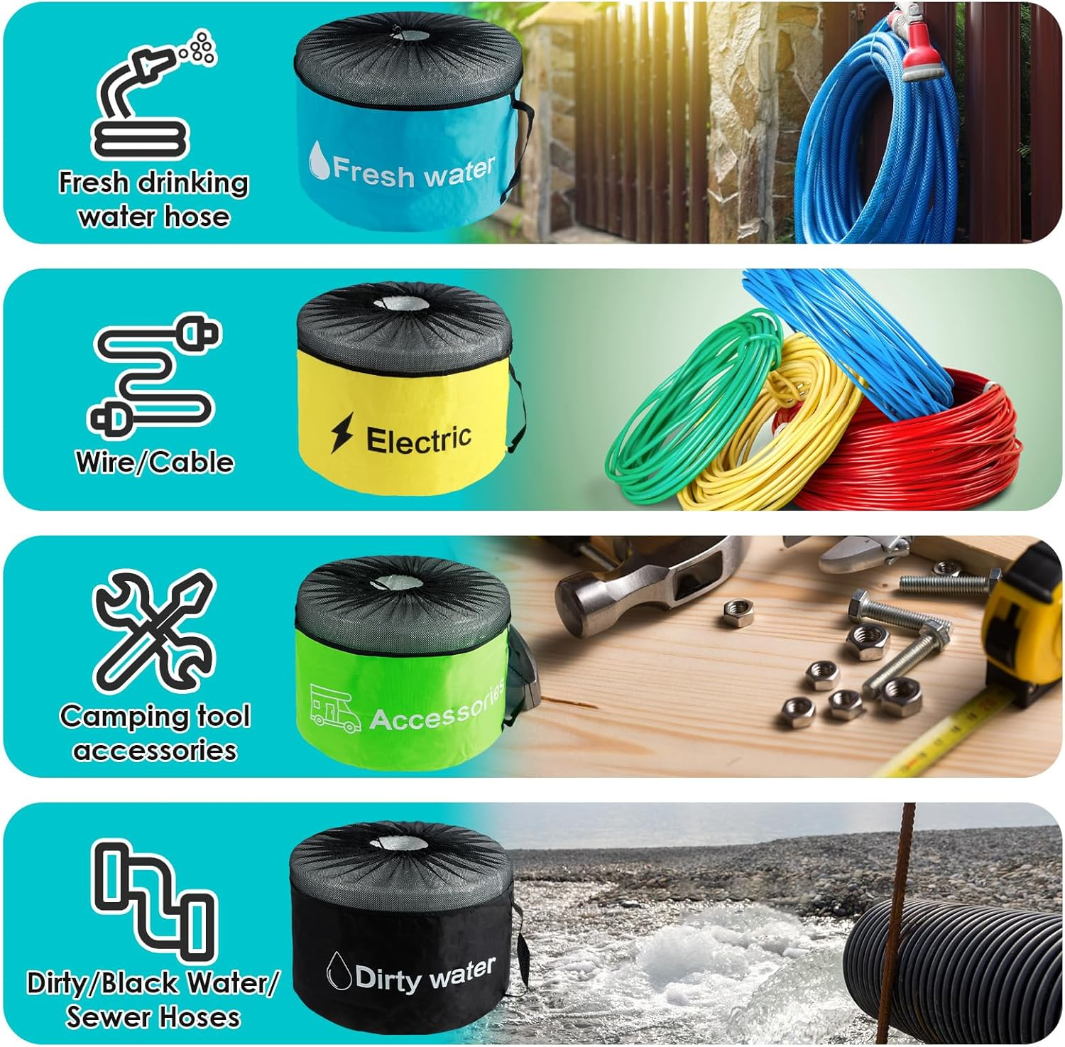 3/4Pcs RV Hose Storage Bags with Mesh Top Waterproof RV Utility Bag Multifunctional RV Accessories Storage Bags with Straps Large Sewer Hose Bag for Fresh/Black Water Hoses Electrical Cords Z image number 4