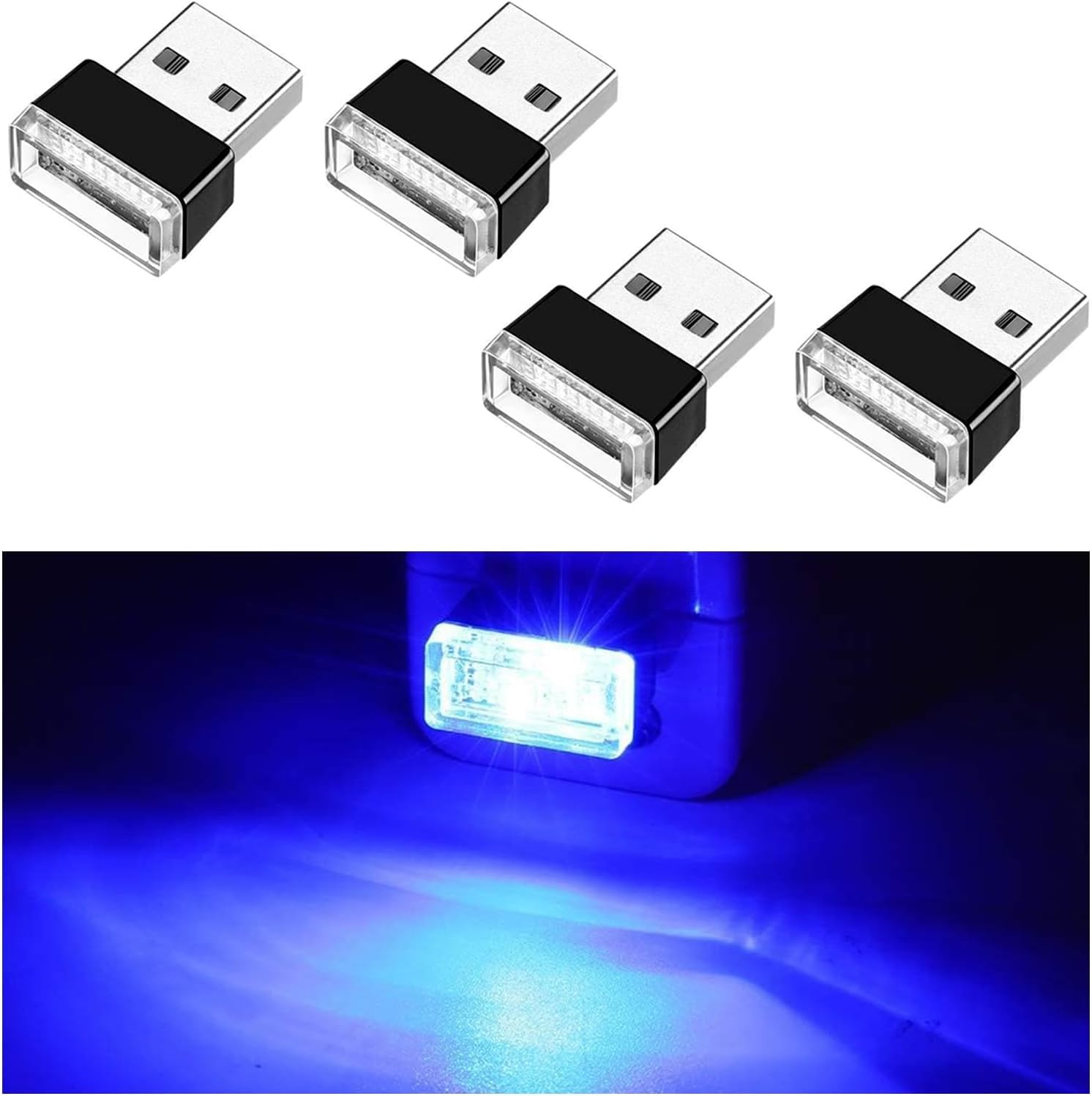 4 PCS USB LED Car Interior Atmosphere Lamp, Portable Mini LED Night Light, Plug-In USB Interface Trunk Ambient Lighting Kit, Universal Car Interior Accessories (Blue+Ice Blue)