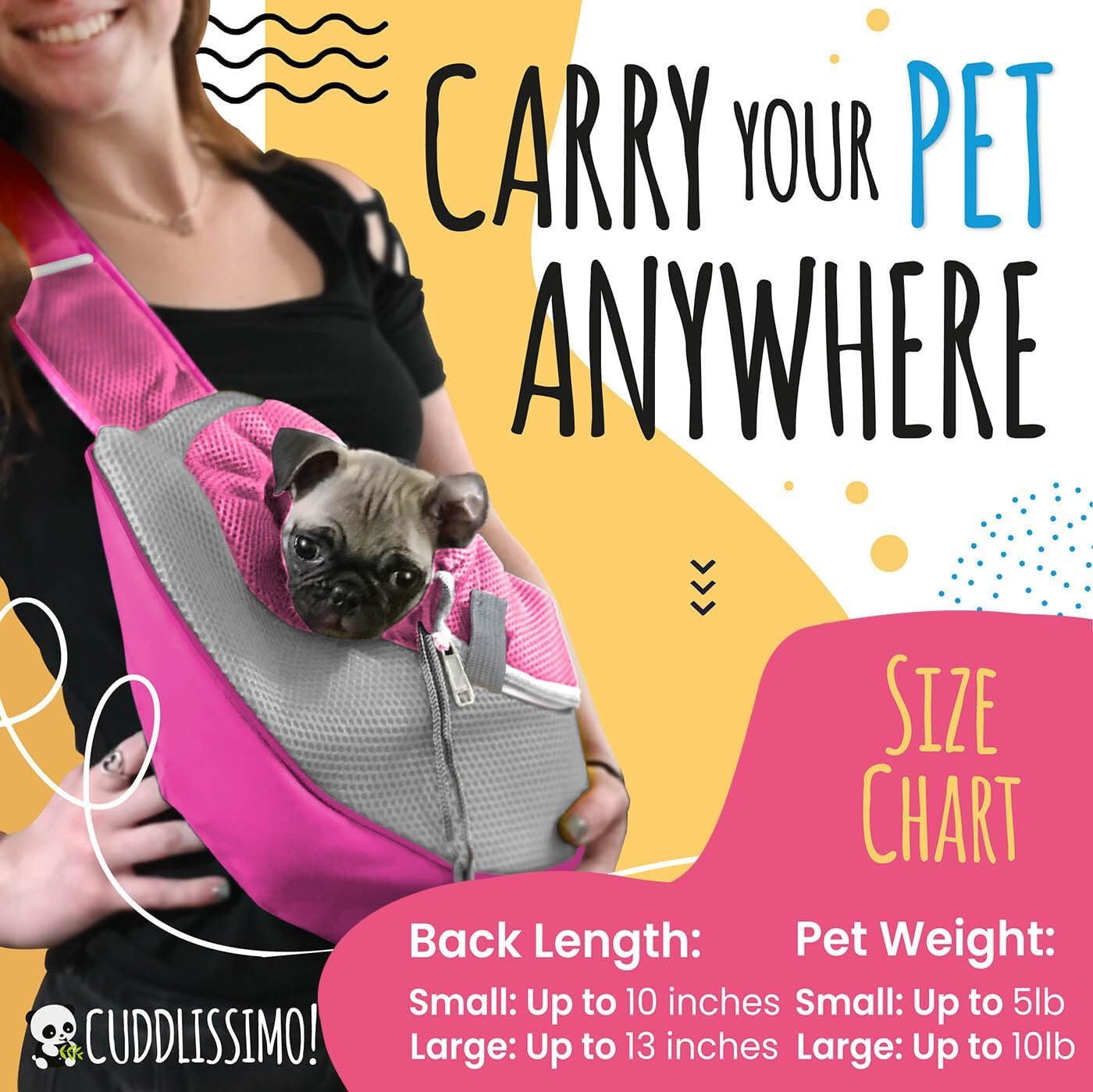 Panda Pets - Small Dog Cat Sling Pet Carrier Bag - Pink - up to 4.5Kg - Breathable, Durable - Hands Free - Secure & Convenient - Machine Washable image number 1