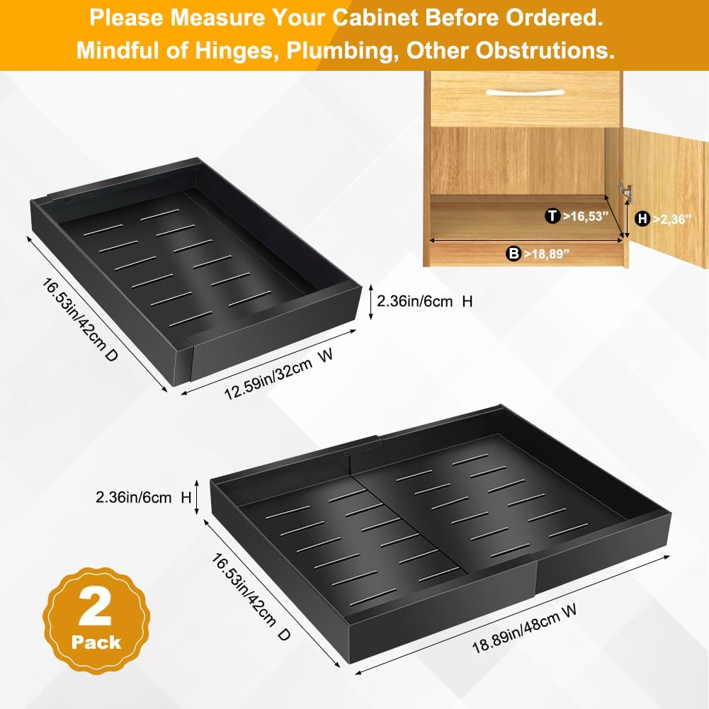 2 Pack Pull Out Cabinet Organizer, Expandable (12.6-18.9In) Pull Out Drawers for Cabinets with Adhesive Slide Out Drawers for Kitchen Pantry Bathroom Home Storage, Black image number 5