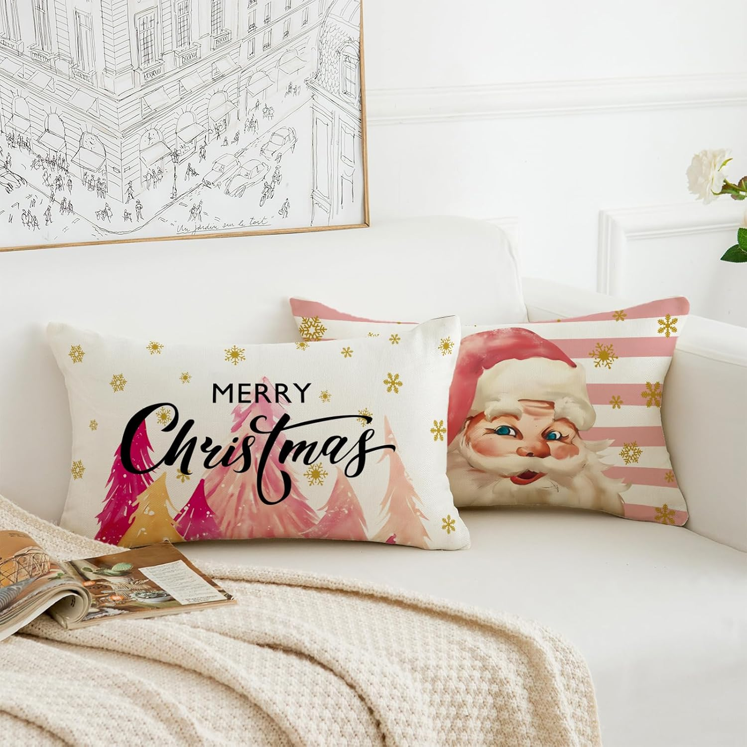 HOMFREEST Christmas Throw Pillow Covers 12X20 Inches Stripes Pink Santa Claus Pillowcases Xmas Decorative Cushion Cases for Couch Sofa Set of 2 image number 3