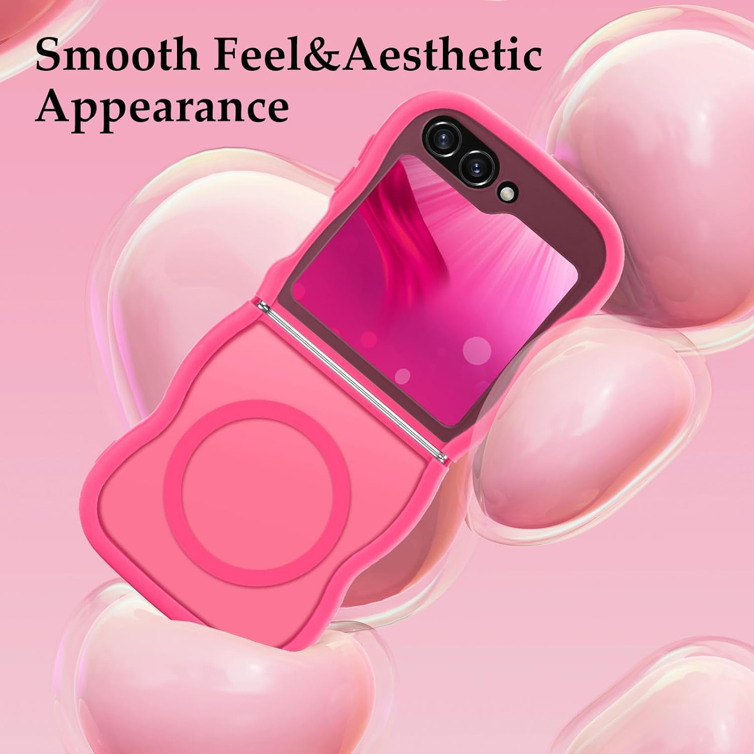 ELEPIK Stronger Magnetic for Samsung Galaxy Z Flip 7 Case, [Non-Slip Grip] [Upgrade Strong Magnetic] Slim Protective Matte Silicone with Curly Wave Edges, Translucent Back, Hotpink image number 5