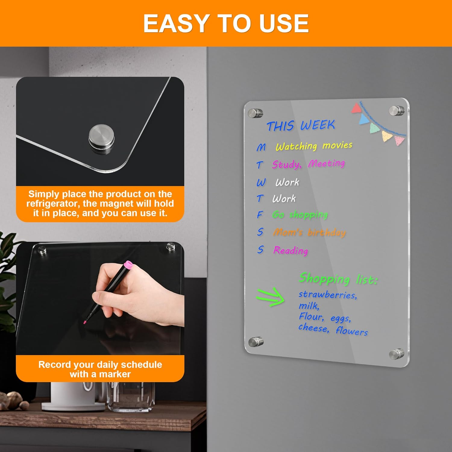 Acrylic Fridge Planner, 30 X 20 Cm Magnetic to Do List, Weekly Meal Planner Magnetic Fridge, Including 6 Wet Erase Markers, Marker Holder, Silicone Pads and Wipe Cloth. - 33 X 22 Cm Weekly Planner  Memo image number 5