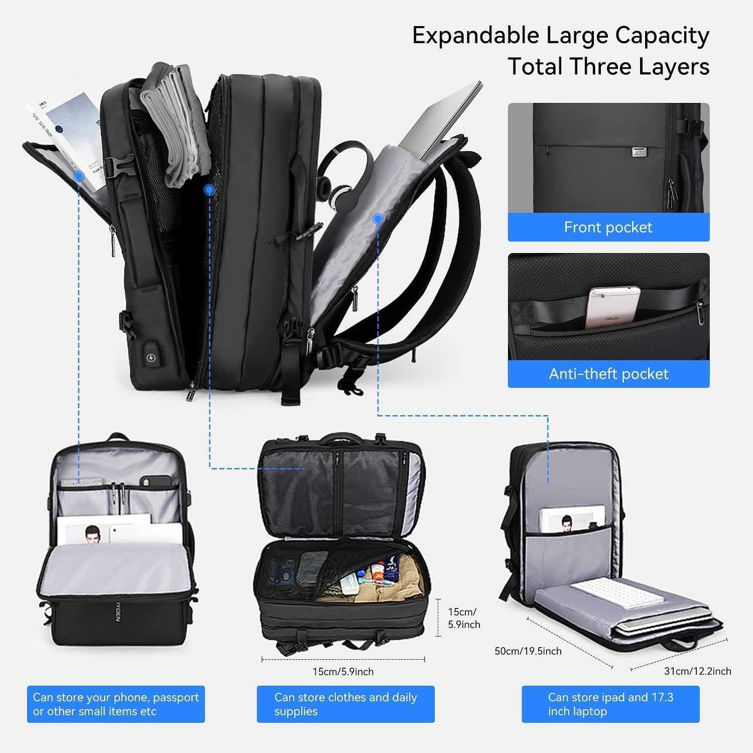 23L/40L Business Carry-On Travel Backpack, Lightweight Flight-Approved Expandable Weekender Bag with USB Charging Port Fit 17.3 Laptop
