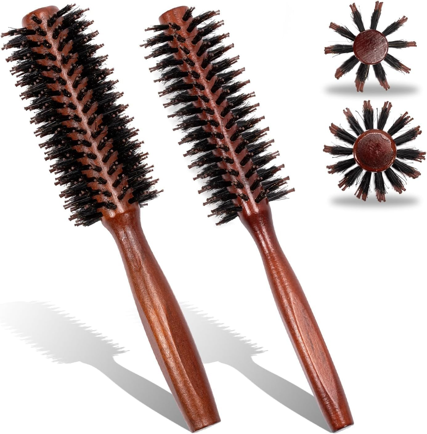 Round Boar Mane Hair Wooden Handle Brush, 2Pcs round Hair Brush Boar Bristle Hair Brushes,Wooden Handle round Bristle Styling Brush, Wooden Boar Bristle round Brush,Boar Bristle Brush round Hair Brush image number 5