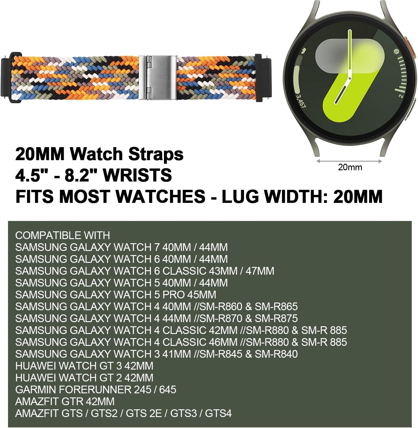 XMUXI 20Mm Braided Watch Straps Compatible with Samsung Galaxy Watch 7 Watch 6 Classic Strap 43Mm 47Mm/Galaxy Watch 5 Pro Watch 4 Nylon Solo Loop Replacement Watch Band Amazfi GTS Vivoactive 3 Venu Sq 2(No Watch) image number 1