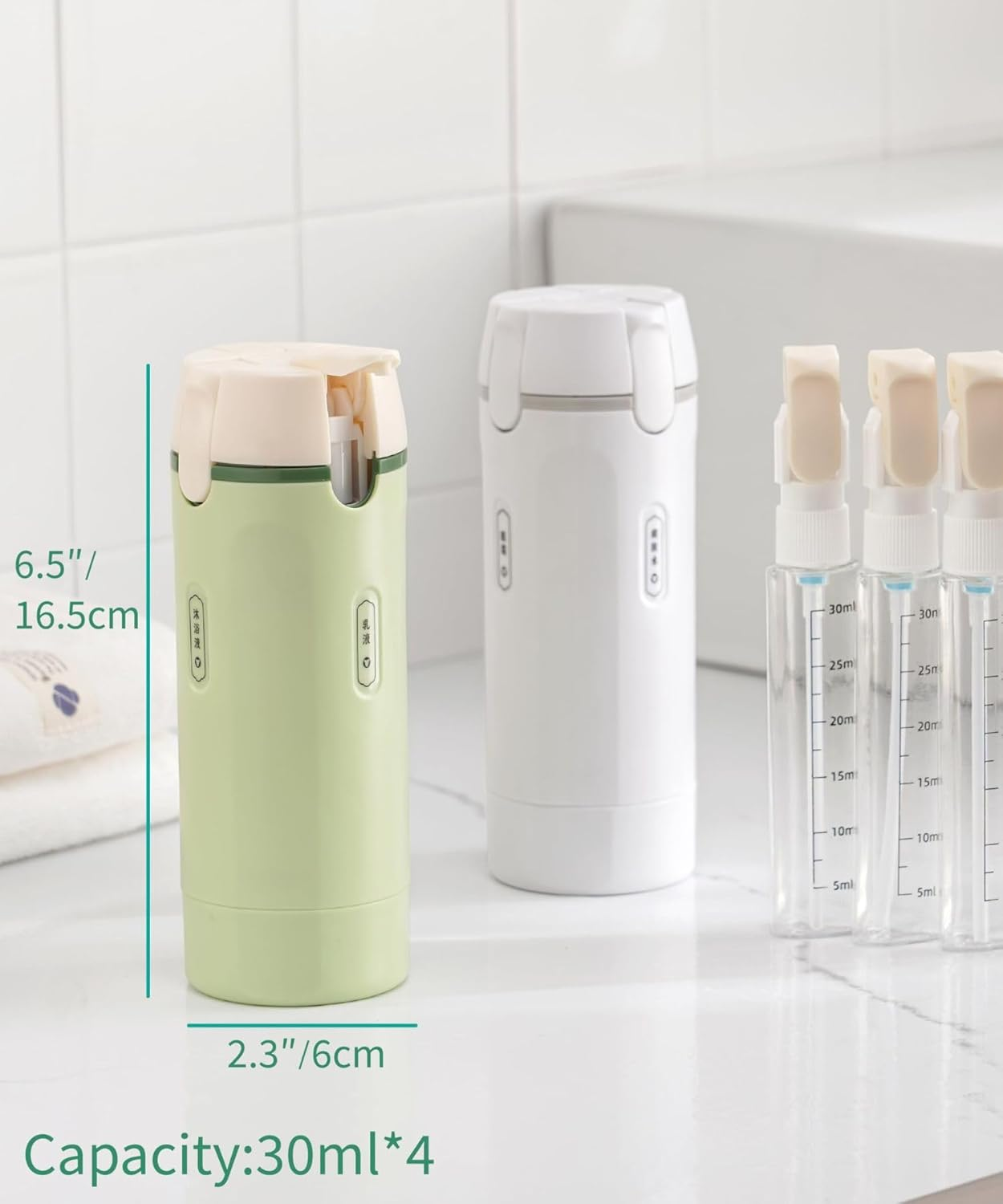 4 in 1 Travel Dispenser Bottle, Travel Toiletry Containers, Refillable, Leak Proof, Portable Containers for Shampoo Lotion Conditioner Cream, Flights Gym Bag Weekends Away (White) image number 6