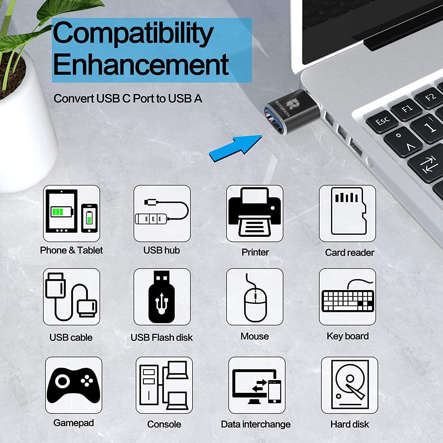 ROTOPATA 2 Pack USB C to USB Adapter, USB a to USB C 3.0 Female OTG Adapter for Macbook Pro2019, Macbook Air 2020, Ipad Pro 2020 & Other Type C Devices image number 6