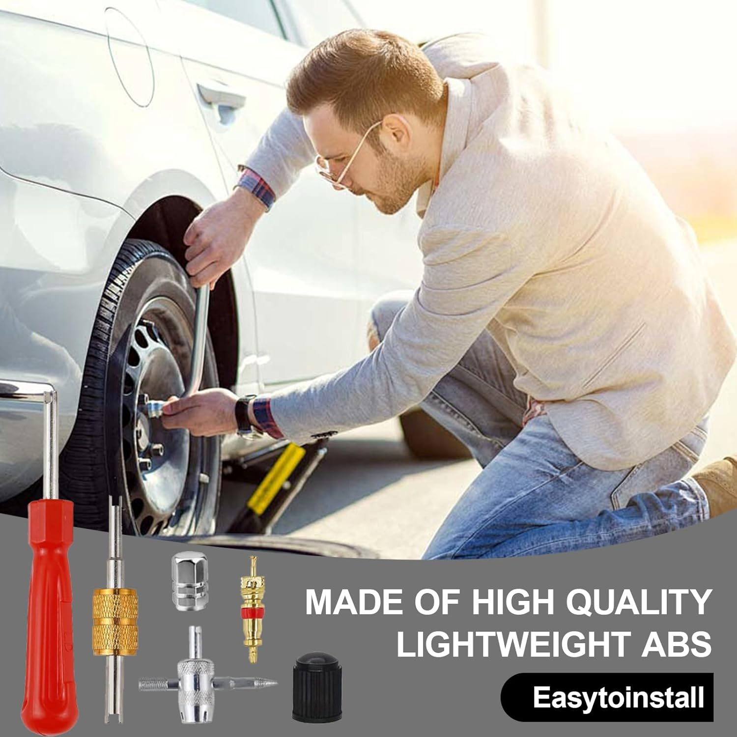 FENGRUI 37 Pcs Car Tyre Valve Removal Tool Set,4-Wayvalve Tool | 10 Pcs Tirevalve Caps | 20Pcs Valvecores Tyre Valve Repair Kit Dual & Single Headvalve Core Remover for Car Bicycle Auto image number 6