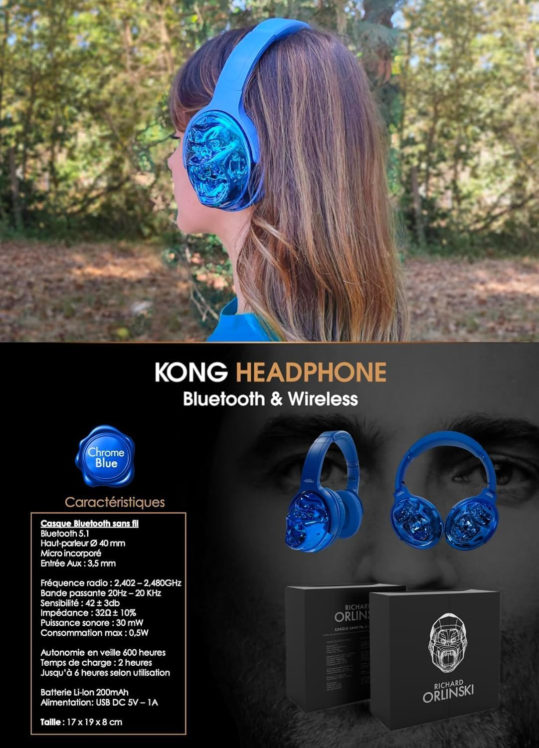 ORLINSKI CAQKON1001-211-V2 2025 Bluetooth Headphones, 40 Mm Speaker, Bluetooth 5.1, 6 Hours Battery Life, Blue