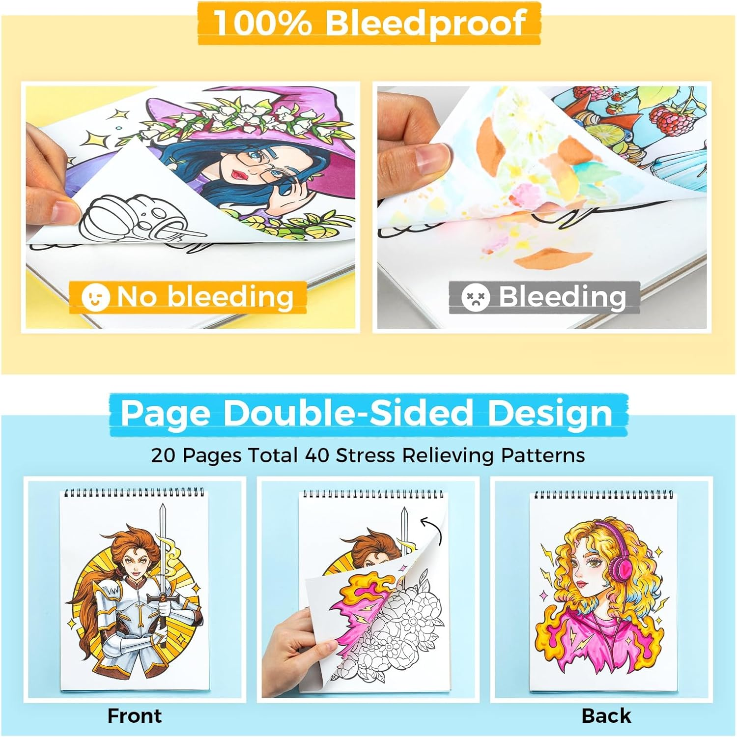 Ohuhu Double Sided Adult Colouring Book Bleedproof - Portraits of Joy - 20 Sheets/40 Pages Spiral Bound Page Double Sided Design Coloring Book -Perfect Stress-Relieving Gift Coloring Book