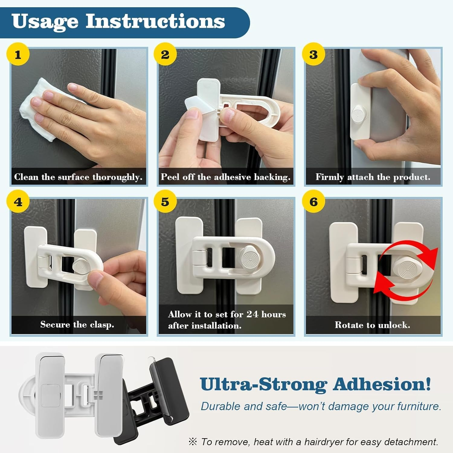 Childproof Refrigerator Door Lock-4 Pack Baby Safety Fridge Door Lock for Fridges Freezers and Cabinets, Cabinet Cupboard Lock for Toddlers,Easy to Install,No Tools Need or Drill(Black)