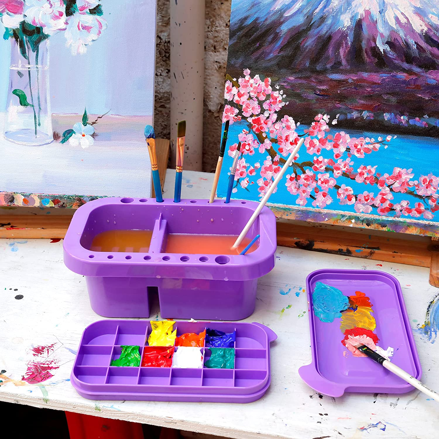 Mylifeunit Paint Brush Cleaner, Paint Brush Holder and Organizers with Palette for Acrylic, Watercolor, and Water-Based Paints (Purple) image number 1