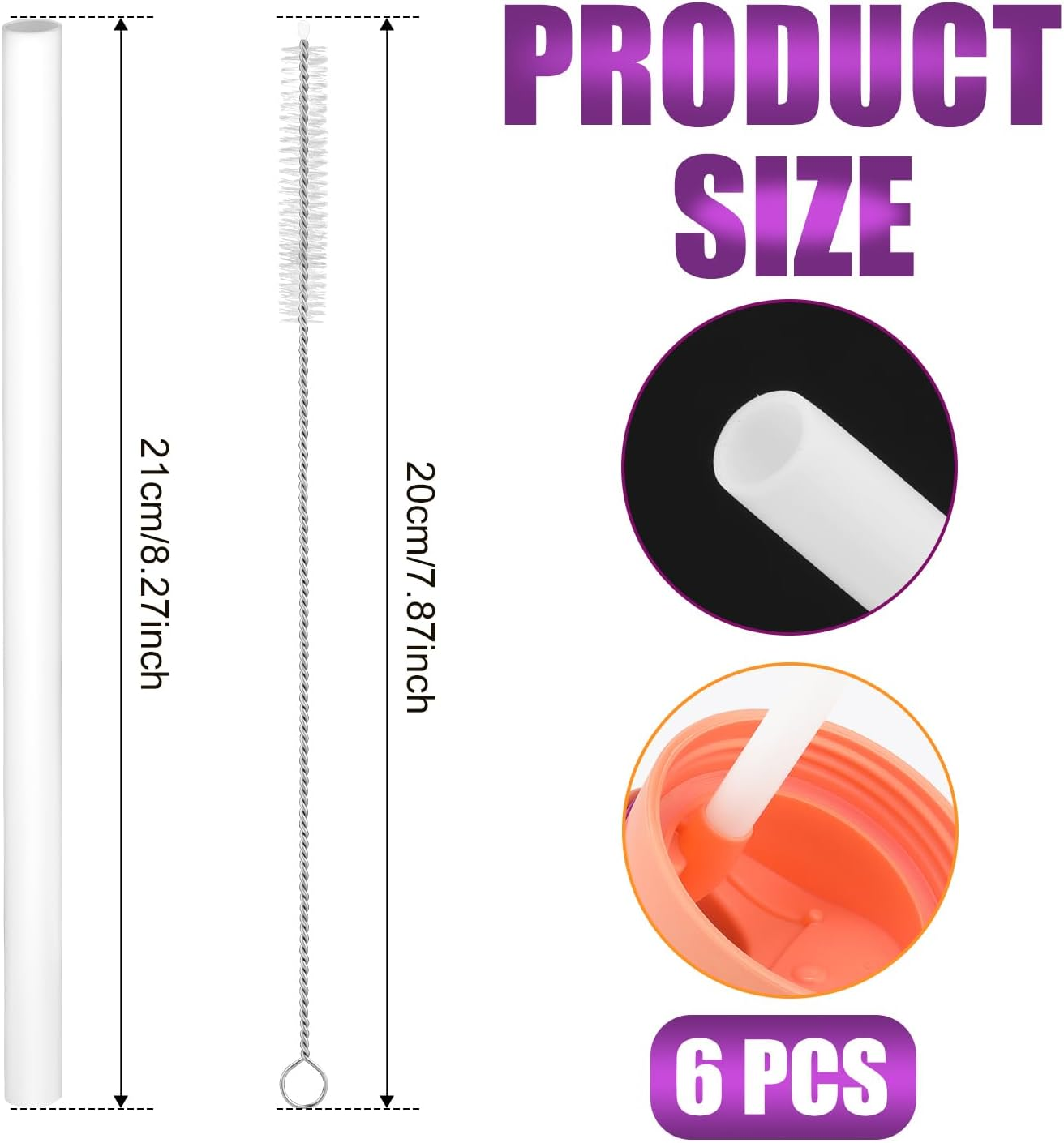 6Pcs Replacement Straws for Owala Freesip 24 Oz, 32 Oz, Reusable Straws with Cleaning Brush for Owala Flip Insulated Stainless Steel Water Bottle 24Oz 32Oz, Tumbler Accessories Parts (White) image number 6