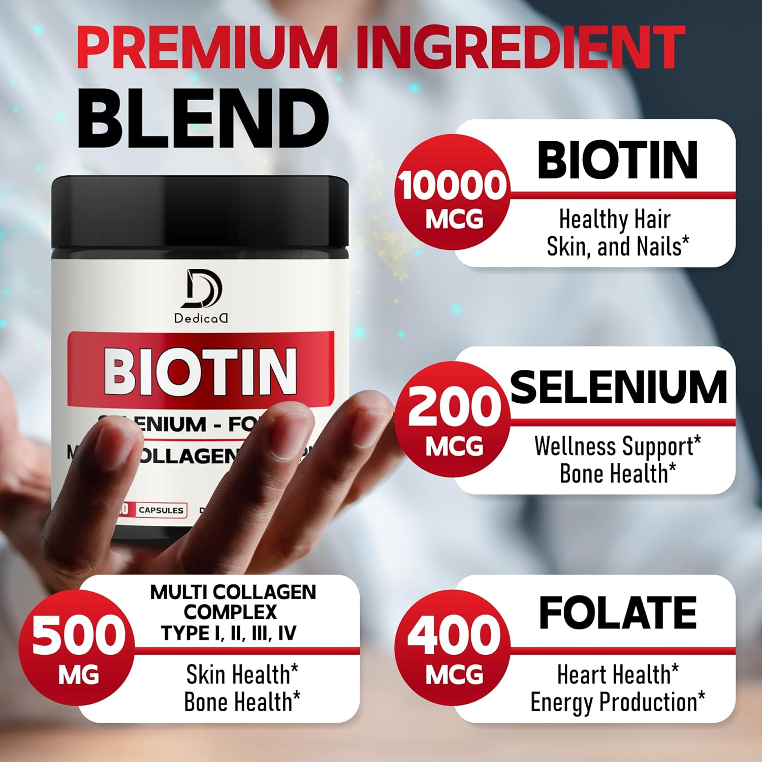 Biotin Supplement 500Mg - Combined Selenium, Folate & Collagen - 90 Capsules - 3 Month image number 5