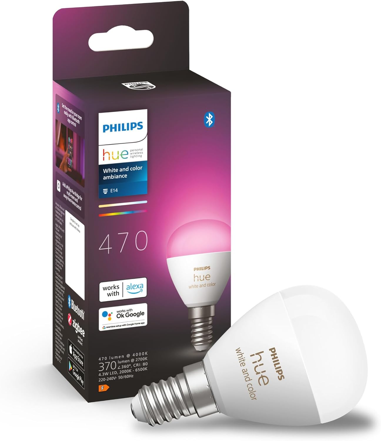 Philips Hue White and Colour Ambiance Luster Smart LED Light Bulb 1 Pack [E14 Edison Screw] for Indoor Home Lighting, Livingroom, Bedroom. image number 2
