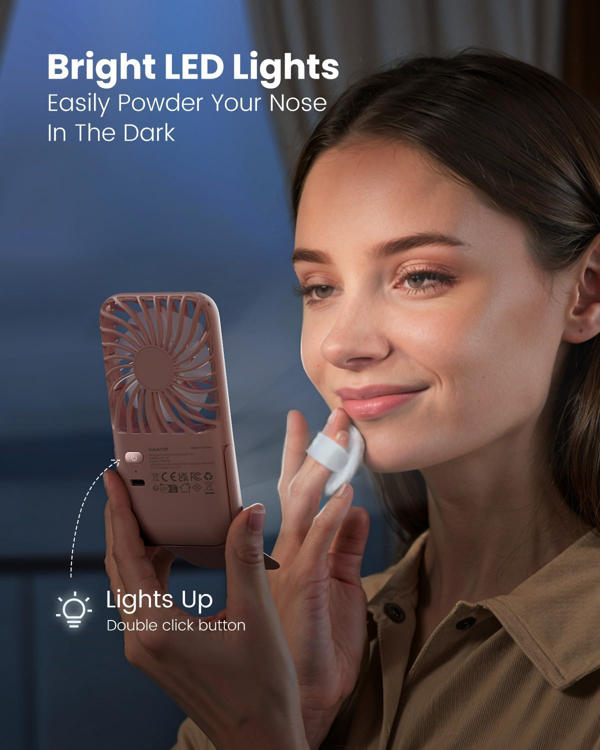 Gaiatop Portable Handheld Fan, Folding Stand for Desktop, 3 Speed LED Makeup Mirror with Light, Rechargeable Mini Personal Fans Small Travel Essentials Gifts for Women Girls Pink image number 3