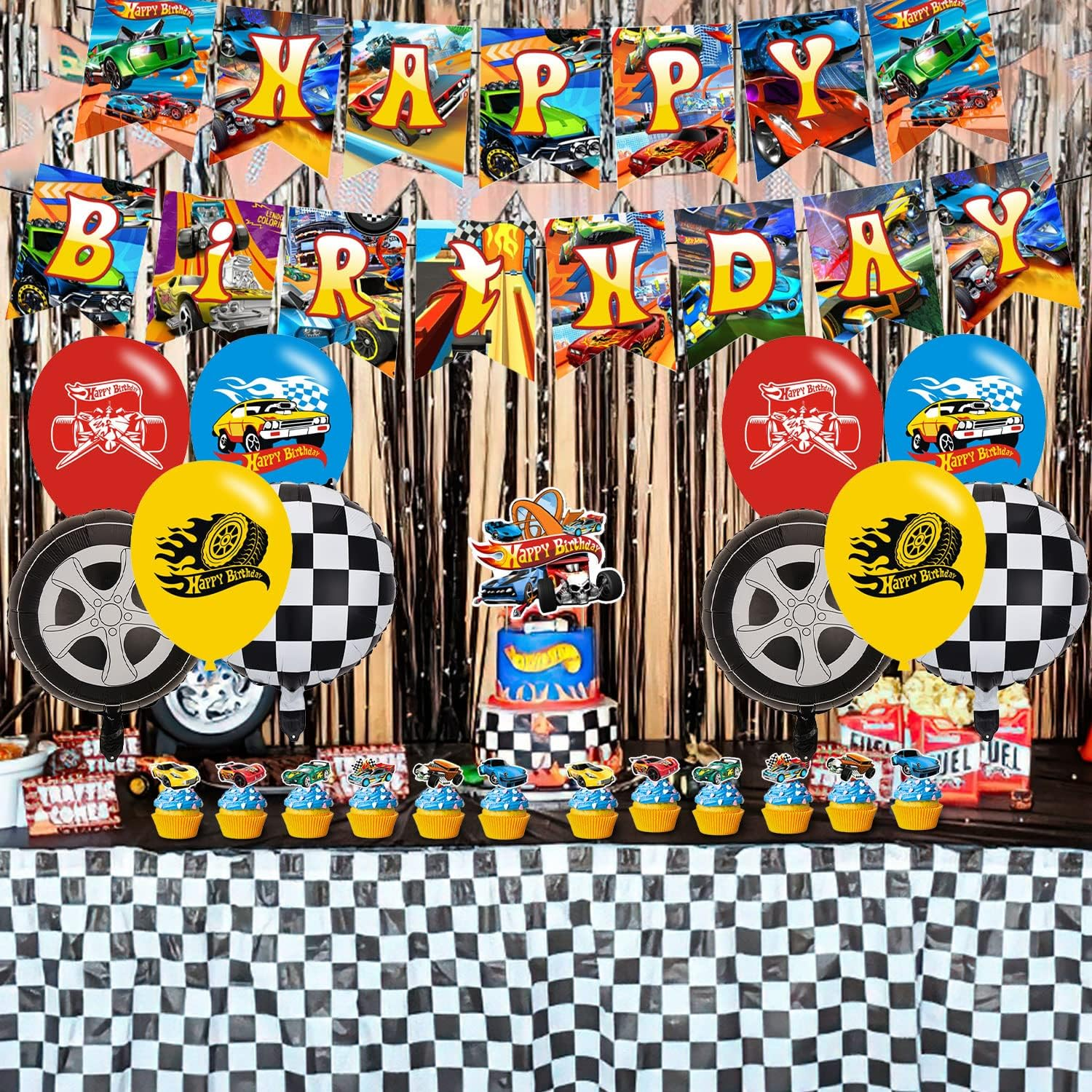 Race Car Birthday Party Decorations ,Hot Race Car Birthday Party Favor with Banner, Ballons,Cake Topper,Tablecover, Cupcake Toppers for Boys Girls Baby of Race Car Party Supplies image number 3