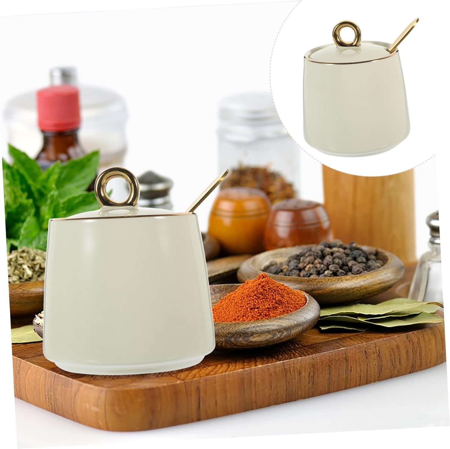 HOLIDYOYO Ceramic Seasoning Jar for Kitchen Spice Container Spoon for Salt and Pepper Storage Adorable Condiment Jar for Home Use image number 5