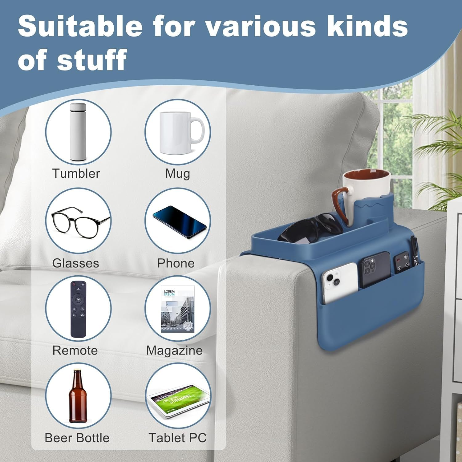 Silicone Couch Cup Holder with Side Pockets &ndash; Extra-Large, Anti-Spill & Anti-Slip Sofa Armrest Tray for Drinks, Phone, Remote & Snacks image number 3