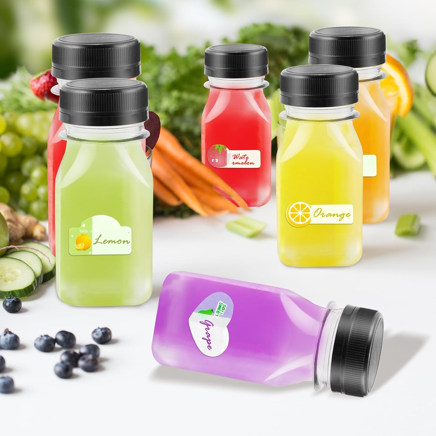 HXC Juice Bottles - 12 Pack 4Oz/120Ml Reusable Plastic Shot Bottles with Lids for Smoothie, Milk, or Juice Drinks - Includes Fruit Stickers image number 6