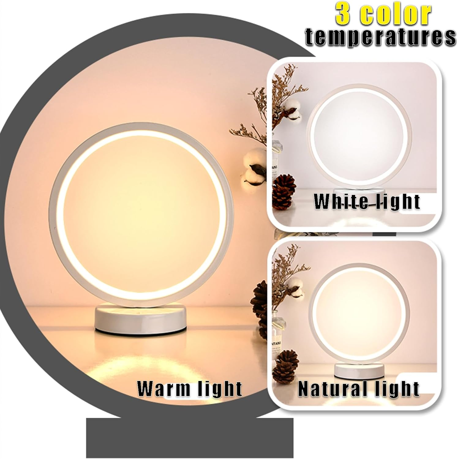 Small Modern Bedside Table Lamp, LED round Bedside Night Light, 3 Color Temperatures and 10 Brightness Levels, 7.87'' Desk Lamp for Bedroom, Living Room, Reading Lamp, Home Decoration, White - Black image number 2