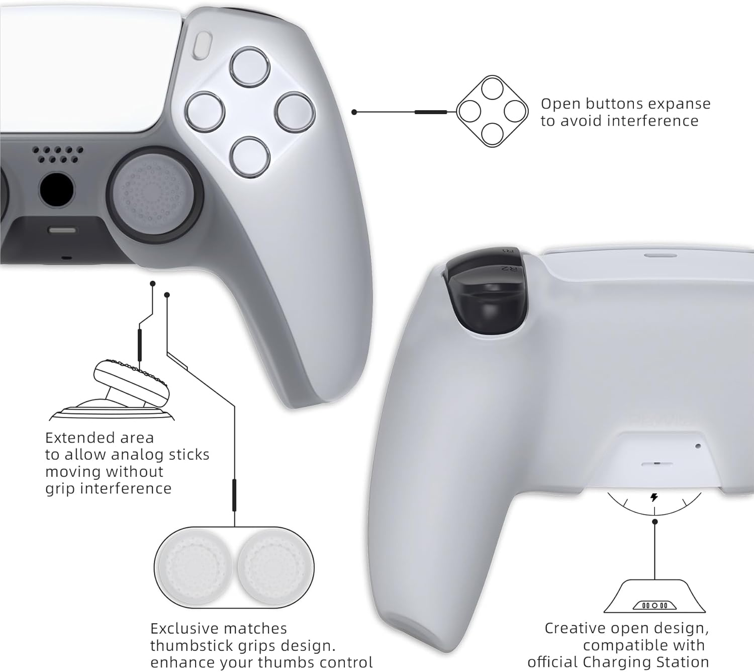 Playvital Pure Series Dockable Model Anti-Slip Silicone Cover Skin for Ps5 Controller, Soft Rubber Grip Case for Ps5 Wireless Controller Fits with Charging Station with Thumb Grip Caps - Clear White image number 6