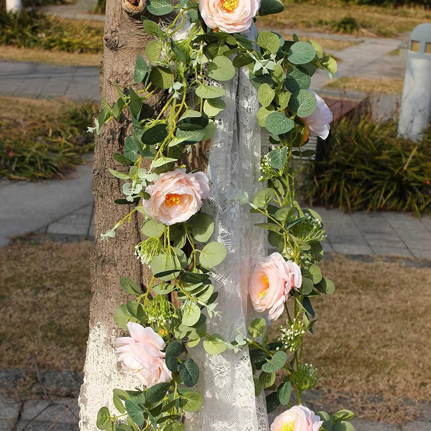 Qeunrtiy 2 Pack Eucalyptus Garland with Champagne Rose, Greenery Garland Bulk Artificial Silk Floral Eucalyptus Leaves Vines(B) image number 4