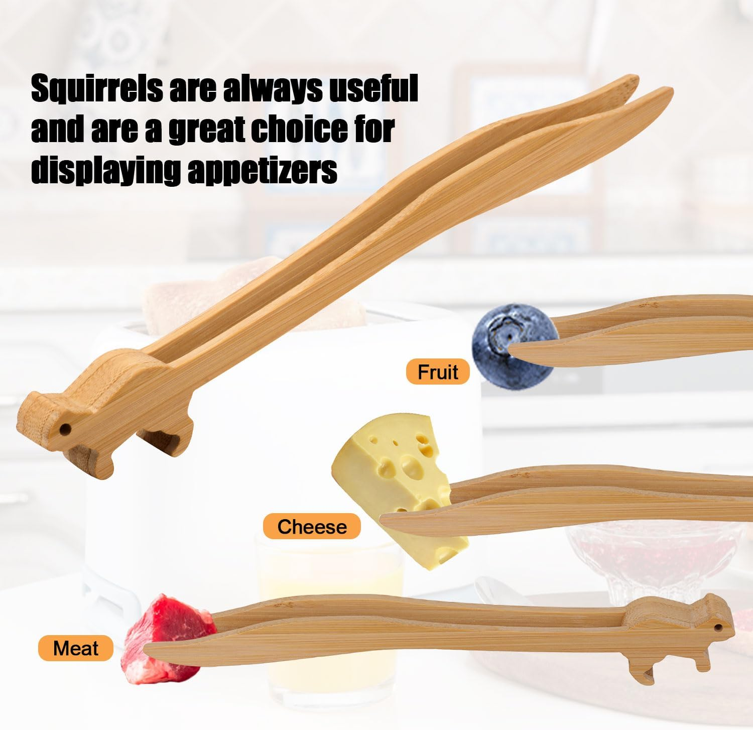 Bamboo Toast Tongs, 9In Cute Squirrels Pattern Heat Resistant Wooden Toaster Tongs Multipurpose Wood Serving Tongs Kitchen Gadgets for Cheese Meat Fruits Bread Fried Food image number 1